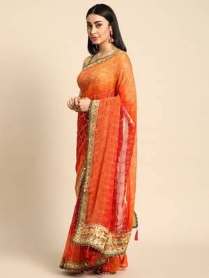 Orange bandhani saree with lace border and unstitched blouse piece 1