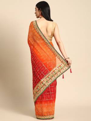 Orange bandhani saree with lace border and unstitched blouse piece 2