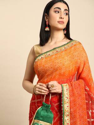 Orange bandhani saree with lace border and unstitched blouse piece 3