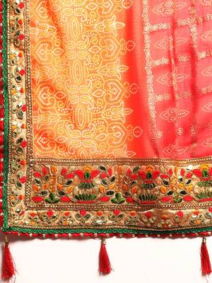 Orange bandhani saree with lace border and unstitched blouse piece 4