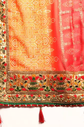 Orange bandhani saree with lace border and unstitched blouse piece