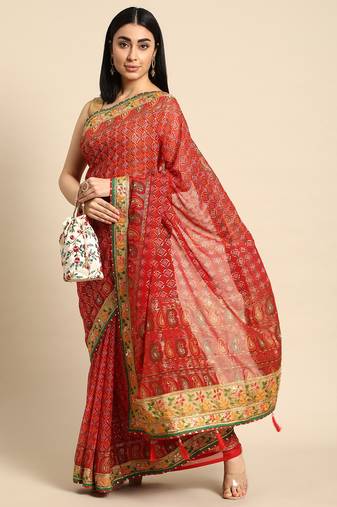 Red  bandhani saree with lace border and unstitched blouse piece