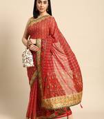 Red  bandhani saree with lace border and unstitched blouse piece