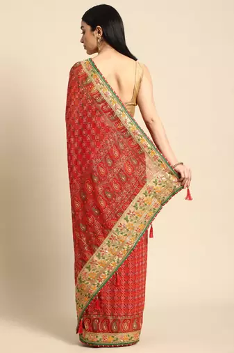 Red  bandhani saree with lace border and unstitched blouse piece