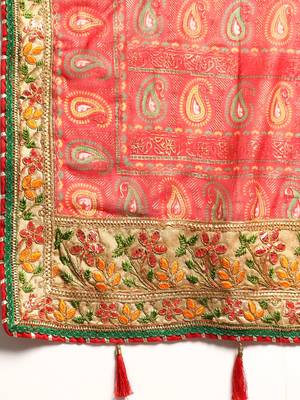 Red  bandhani saree with lace border and unstitched blouse piece 4