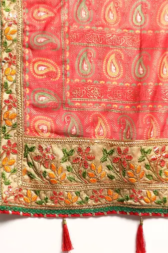 Red  bandhani saree with lace border and unstitched blouse piece