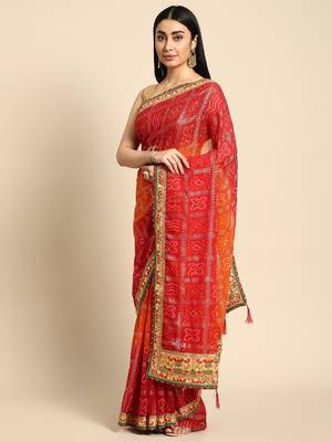 Red  bandhani saree with lace border and unstitched blouse piece 1