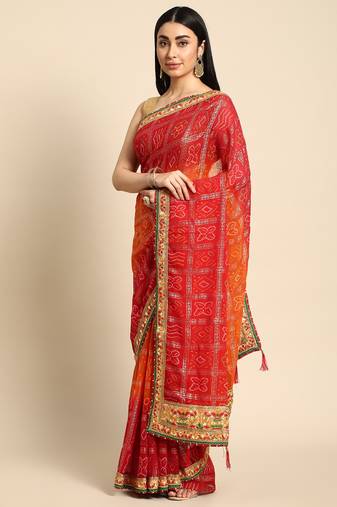 Red  bandhani saree with lace border and unstitched blouse piece