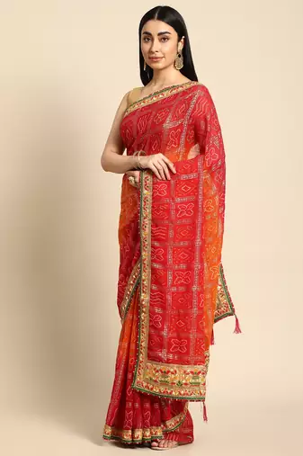 Red  bandhani saree with lace border and unstitched blouse piece