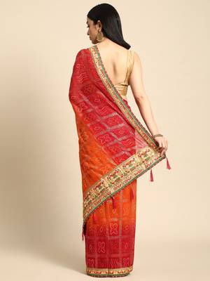 Red  bandhani saree with lace border and unstitched blouse piece 2
