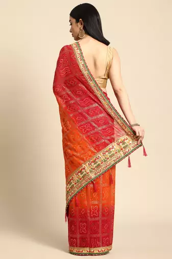 Red  bandhani saree with lace border and unstitched blouse piece