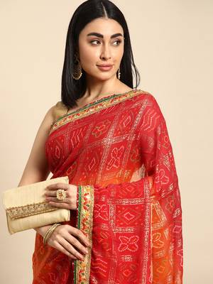 Red  bandhani saree with lace border and unstitched blouse piece 3