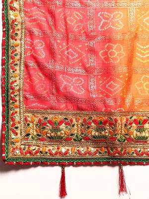 Red  bandhani saree with lace border and unstitched blouse piece 4