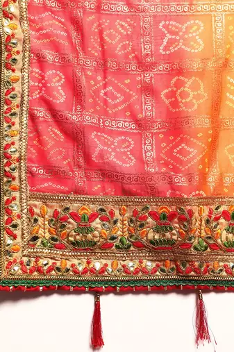 Red  bandhani saree with lace border and unstitched blouse piece