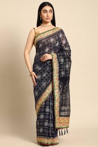 Navy blue  bandhani saree with lace border and unstitched blouse piece