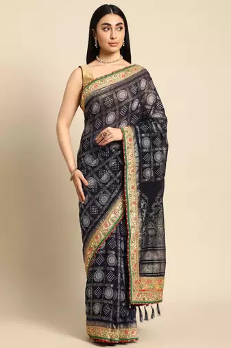Navy blue  bandhani saree with lace border and unstitched blouse piece