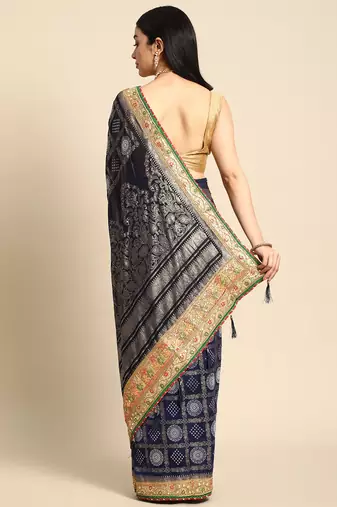 Navy blue  bandhani saree with lace border and unstitched blouse piece