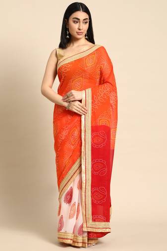 Red  bandhani saree with lace border and unstitched blouse piece