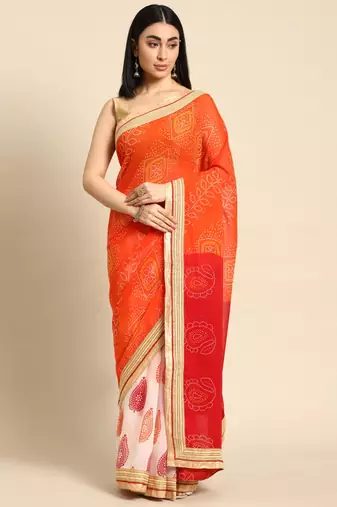 Red  bandhani saree with lace border and unstitched blouse piece