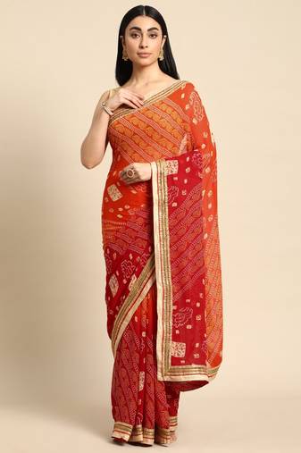 Blue  bandhani saree with lace border and unstitched blouse piece