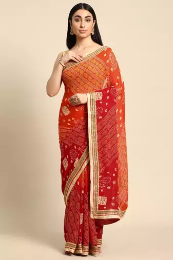 Blue  bandhani saree with lace border and unstitched blouse piece