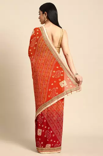 Blue  bandhani saree with lace border and unstitched blouse piece
