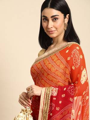 Blue  bandhani saree with lace border and unstitched blouse piece 3