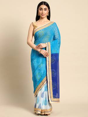 Orange bandhani saree with lace border and unstitched blouse piece 1