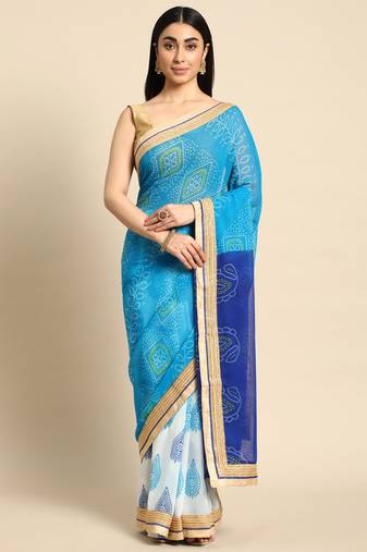 Orange bandhani saree with lace border and unstitched blouse piece