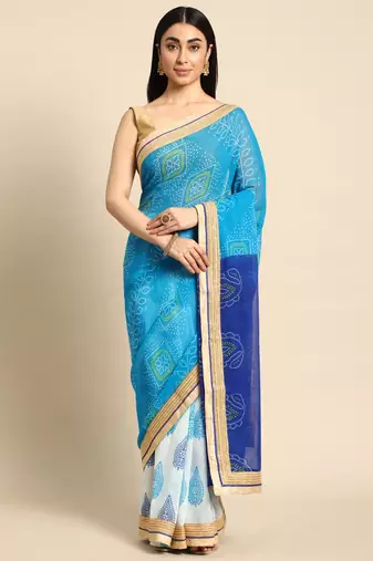 Orange bandhani saree with lace border and unstitched blouse piece