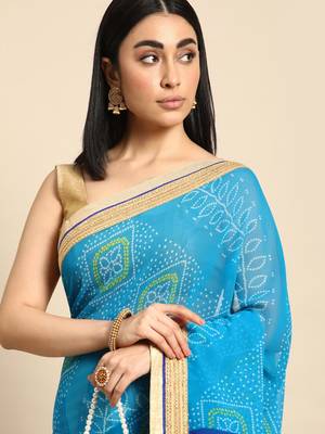 Orange bandhani saree with lace border and unstitched blouse piece 3
