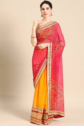 Pink bandhani saree with lace border and unstitched blouse piece