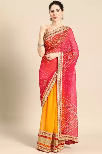 Pink bandhani saree with lace border and unstitched blouse piece
