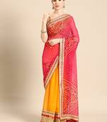 Pink bandhani saree with lace border and unstitched blouse piece