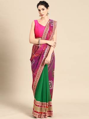 Green bandhani saree with lace border and unstitched blouse piece 1