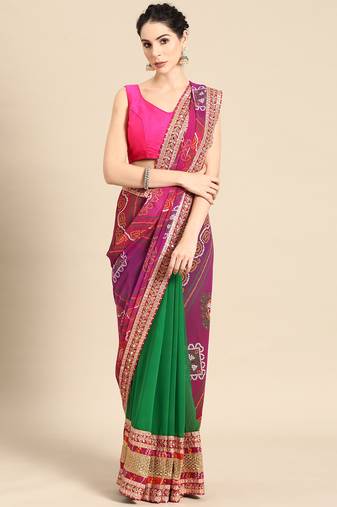 Green bandhani saree with lace border and unstitched blouse piece