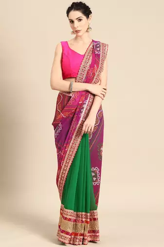 Green bandhani saree with lace border and unstitched blouse piece