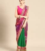 Green bandhani saree with lace border and unstitched blouse piece