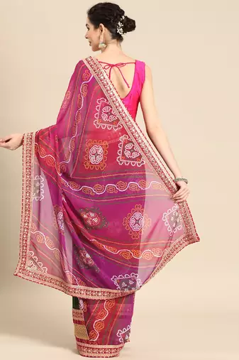Green bandhani saree with lace border and unstitched blouse piece