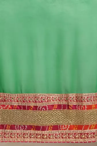 Green bandhani saree with lace border and unstitched blouse piece