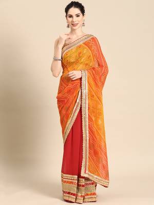 Red bandhani saree with lace border and unstitched blouse piece 1