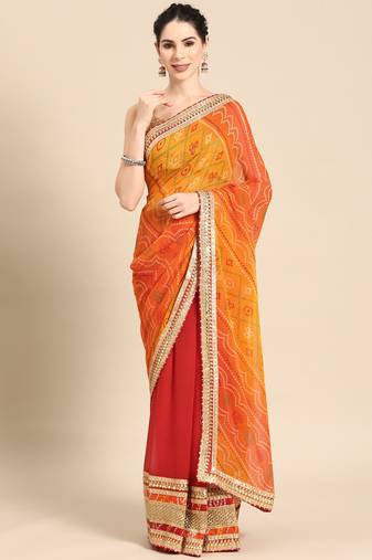 Red bandhani saree with lace border and unstitched blouse piece