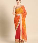 Red bandhani saree with lace border and unstitched blouse piece