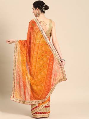 Red bandhani saree with lace border and unstitched blouse piece 2