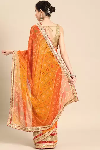 Red bandhani saree with lace border and unstitched blouse piece