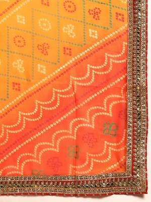 Red bandhani saree with lace border and unstitched blouse piece 3