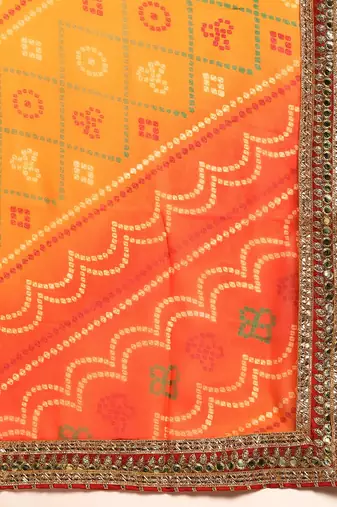 Red bandhani saree with lace border and unstitched blouse piece