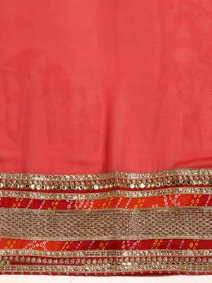 Red bandhani saree with lace border and unstitched blouse piece 4