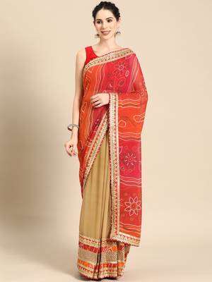 Beige bandhani saree with lace border and unstitched blouse piece 1