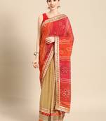 Beige bandhani saree with lace border and unstitched blouse piece